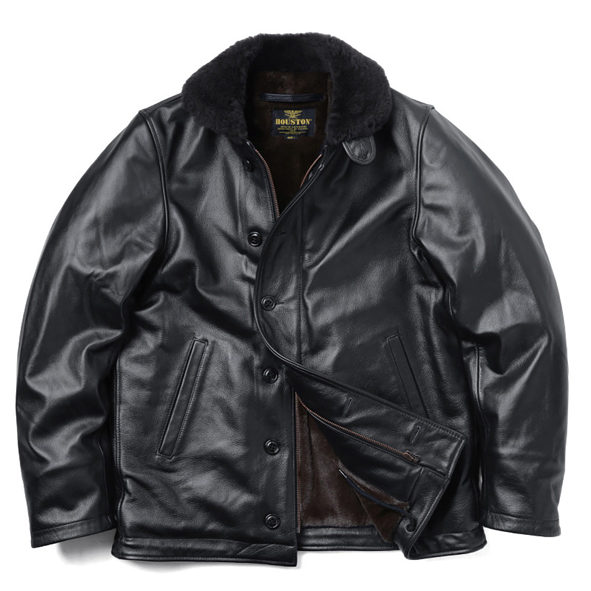 【超得！冬のバーゲンセール開催中！】HOUSTON ヒューストン 8177 レザー N-1 デッキジャケット【T】｜ミリタリージャケット n1 革ジャン 皮ジャン メンズ アウター ブランド おしゃれ 大きいサイズ バイカー ツーリング ボア 防寒 ブラック ブラウン