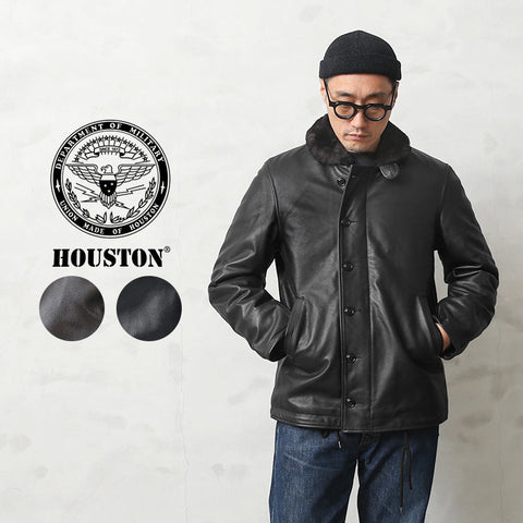【超得！冬のバーゲンセール開催中！】HOUSTON ヒューストン 8177 レザー N-1 デッキジャケット【T】｜ミリタリージャケット n1 革ジャン 皮ジャン メンズ アウター ブランド おしゃれ 大きいサイズ バイカー ツーリング ボア 防寒 ブラック ブラウン